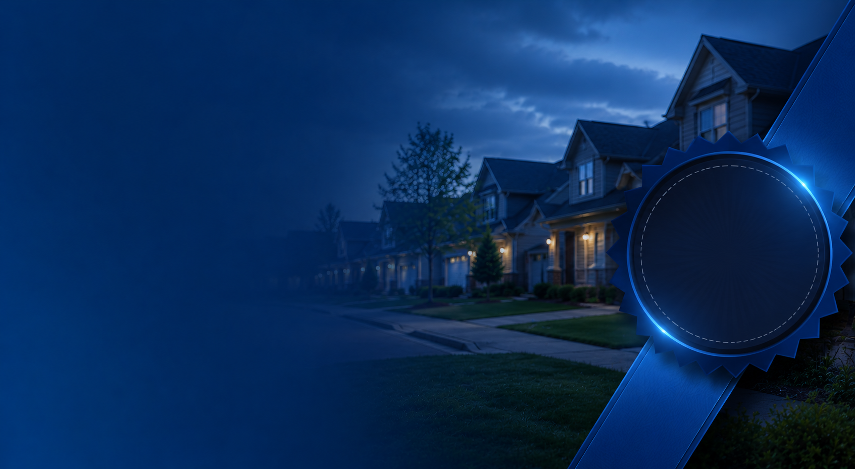 Dark blue house exterior with a glowing circular badge on the right