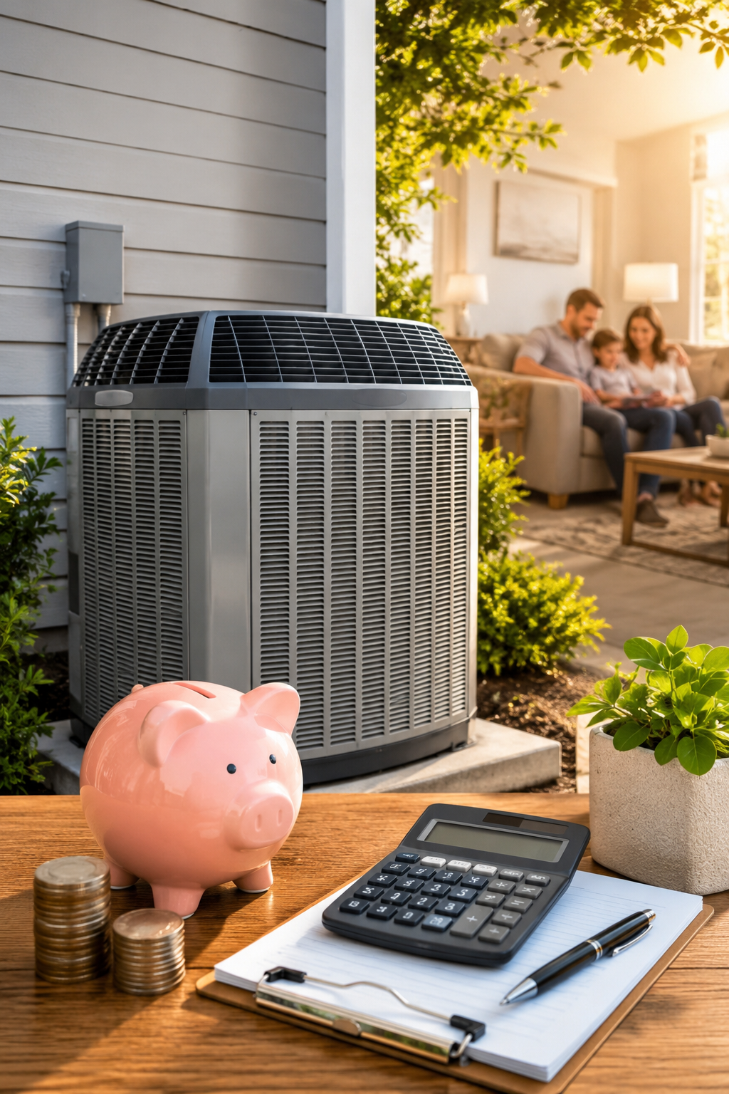 Pink piggy bank beside clipboard and calculator, with outdoor AC unit and people on patio