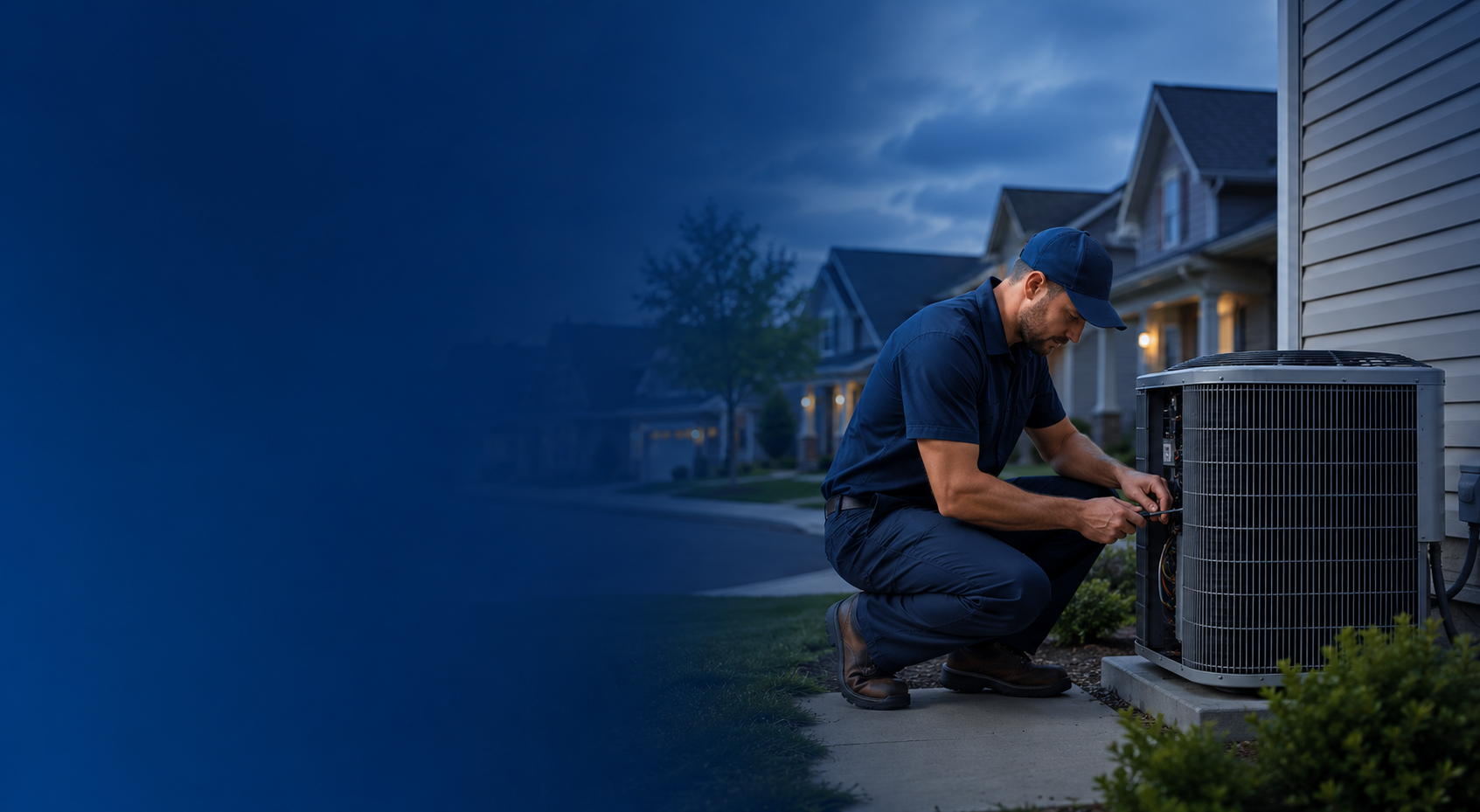 Technician kneeling beside an outdoor air conditioner at dusk