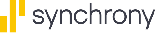Synchrony logo with yellow bars and gray wordmark