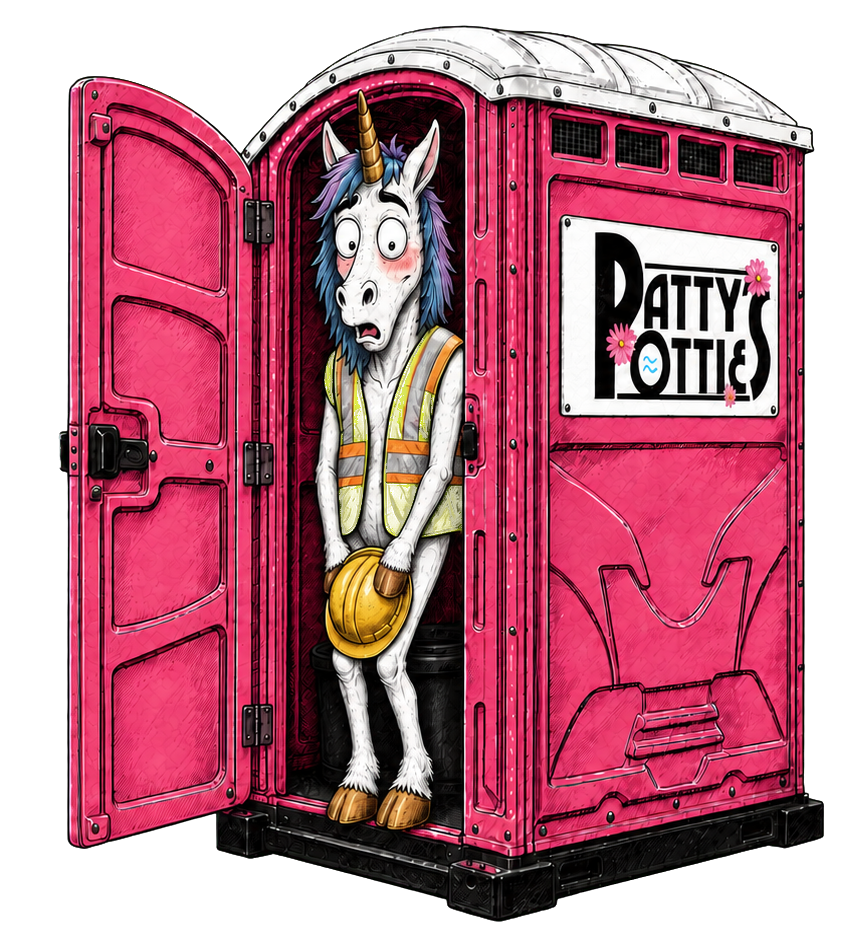 Cartoon character standing inside an open bright pink portable toilet.