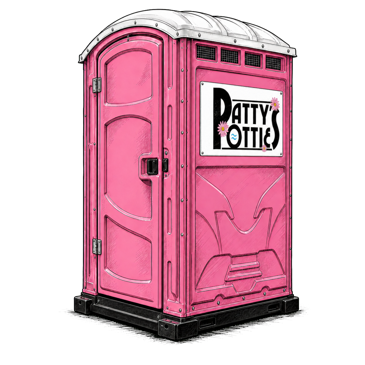 Pink portable toilet with a sign reading &ldquo;Patty's Potties&rdquo;