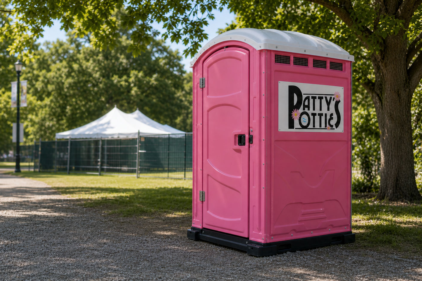 Pink portable toilet labeled &ldquo;Potty&rdquo; in a shaded park beside a gravel path.