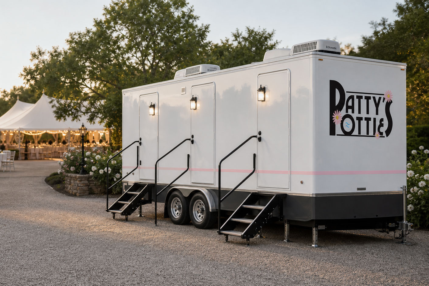 White food trailer with serving windows, stairs, and a black-and-red logo, parked outdoors.