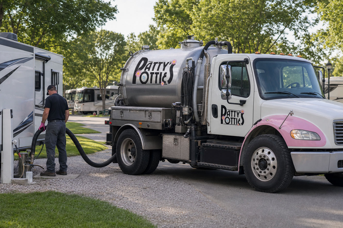 Perry&rsquo;s septic service truck parked beside an RV, with a worker handling a hose.